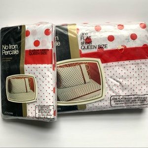 Vintage red polka dot queen flat sheet and pillowcase set